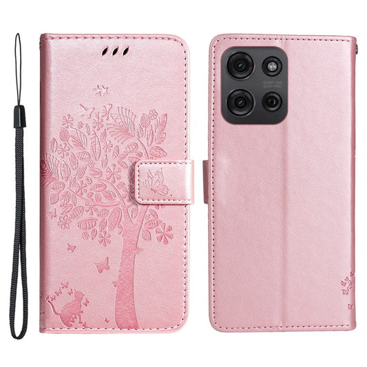 For Motorola Moto G75 5G Case Cat Tree Pattern Flip Leather Phone Cover - Rose Gold