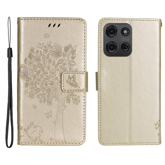 For Motorola Moto G75 5G Case Cat Tree Pattern Flip Leather Phone Cover - Gold