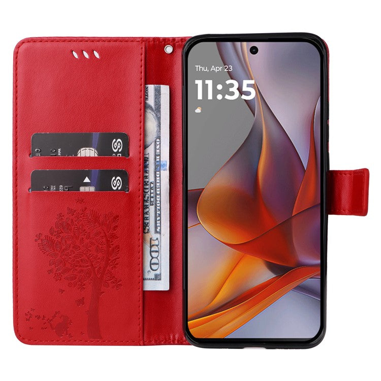 For Motorola Moto G75 5G Case Cat Tree Pattern Flip Leather Phone Cover - Red