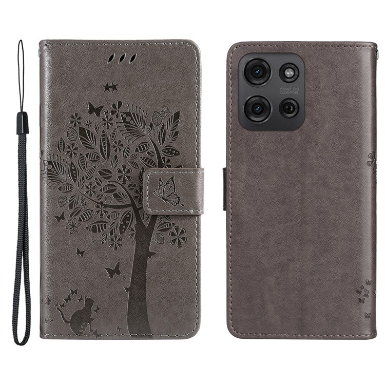 For Motorola Moto G75 5G Case Cat Tree Pattern Flip Leather Phone Cover - Grey