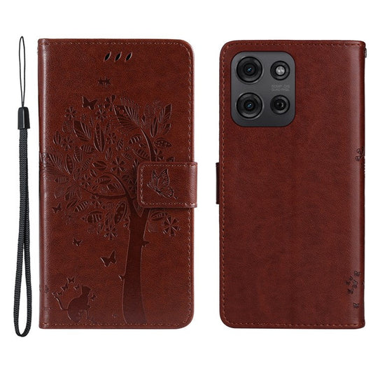 For Motorola Moto G75 5G Case Cat Tree Pattern Flip Leather Phone Cover - Coffee