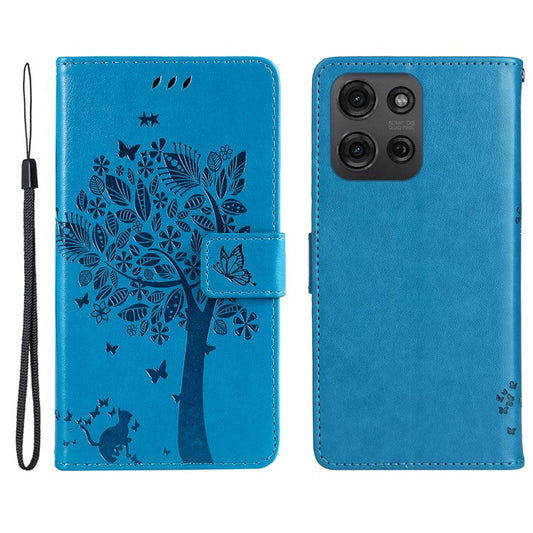 For Motorola Moto G75 5G Case Cat Tree Pattern Flip Leather Phone Cover - Dark Blue