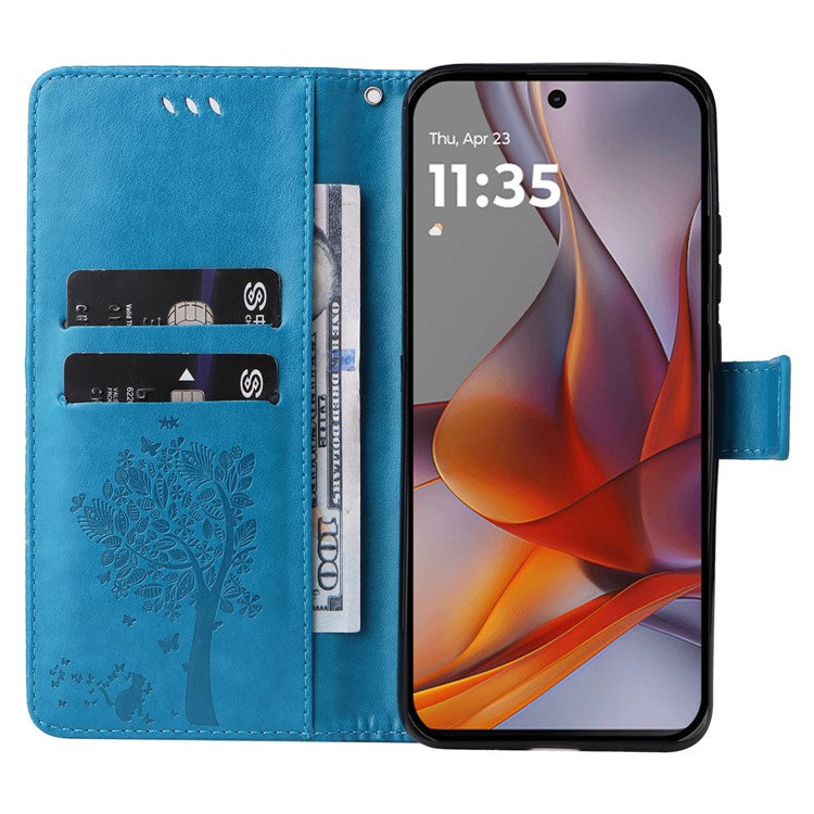 For Motorola Moto G75 5G Case Cat Tree Pattern Flip Leather Phone Cover - Dark Blue