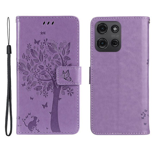 For Motorola Moto G75 5G Case Cat Tree Pattern Flip Leather Phone Cover - Light Purple