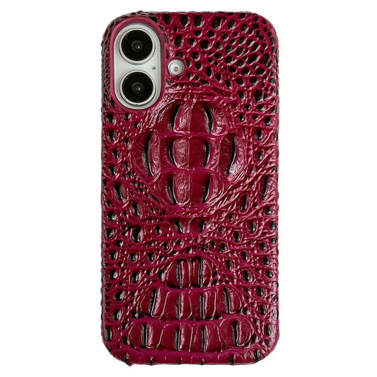 For iPhone 16 Case Crocodile Head Genuine Cow Leather Coated PC Phone Cover - Red