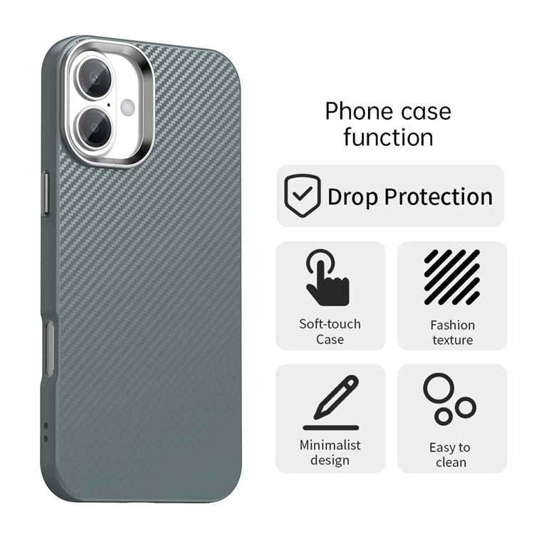 For iPhone 16 Case Cell Phone Hybrid Back Cover Carbon Fiber Texture - Grey