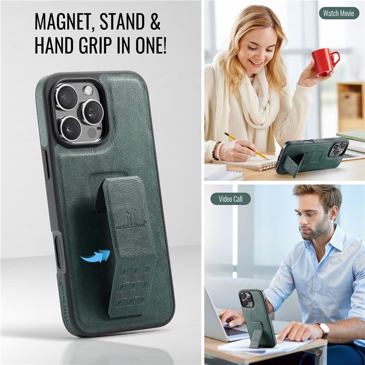 FIERRE SHANN For iPhone 16 Pro Case Kickstand Leather Slim Back Cover - Green