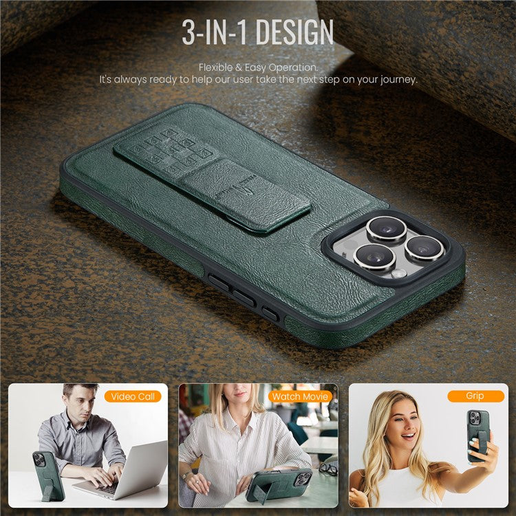 FIERRE SHANN For iPhone 16 Pro Case Kickstand Leather Slim Back Cover - Green