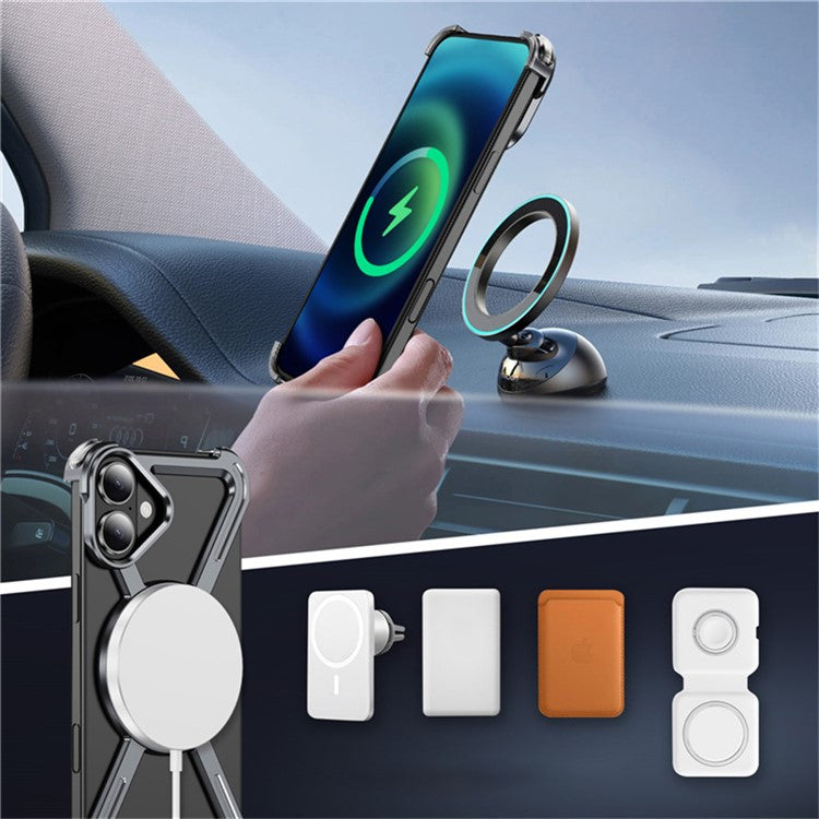 For iPhone 16 Plus Magnetic Case Rotating Kickstand Metal Bumper Phone Cover - Grey