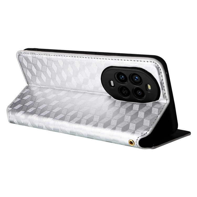 For Huawei nova 13 Pro 5G Wallet Case Rhombus Imprinted Leather Phone Cover - Silver
