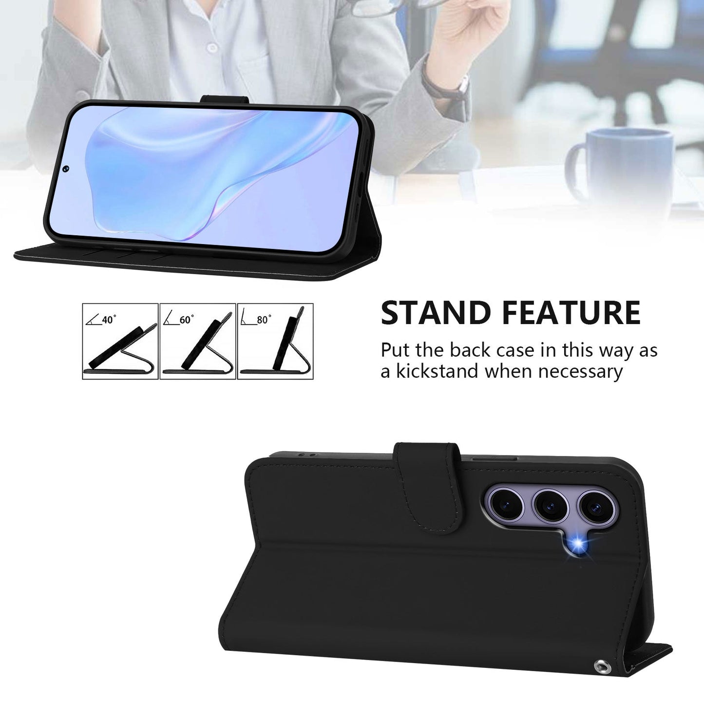 For Samsung Galaxy S24 / Galaxy S25 Case Solid Color Wallet Leather Phone Cover with Strap - Black