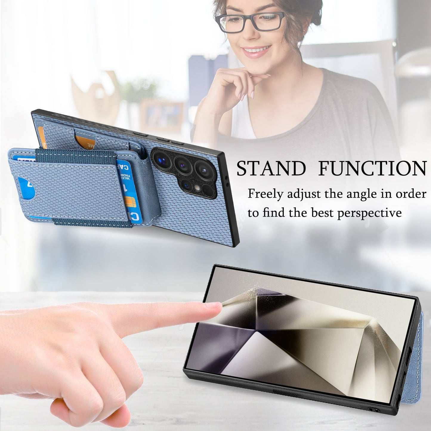 For Samsung Galaxy S25 Ultra Case with Card Holder Kickstand Leather Back Cover - Blue