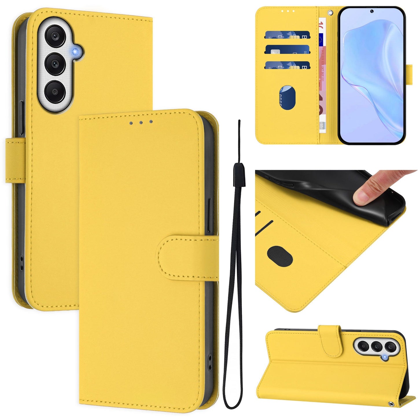 For Samsung Galaxy A55 5G Case Solid Color Wallet Leather Phone Cover with Strap - Lemon