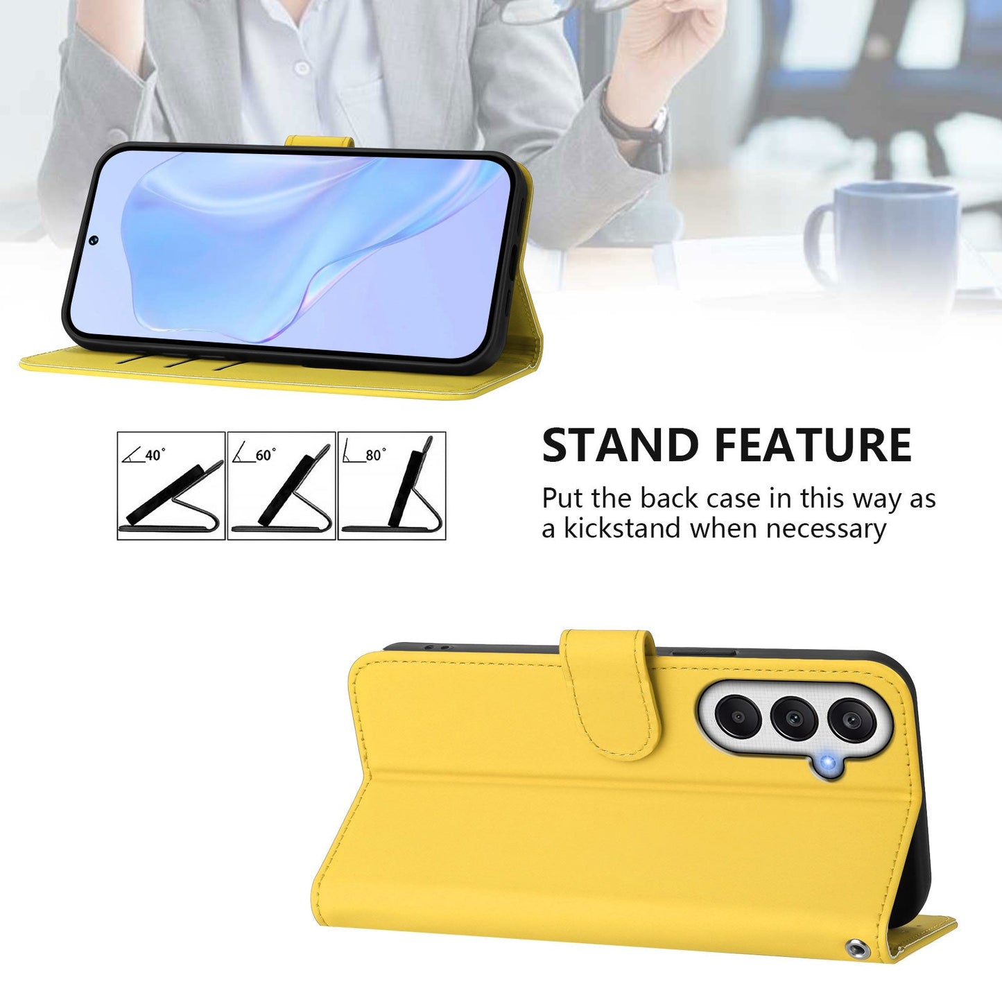 For Samsung Galaxy A55 5G Case Solid Color Wallet Leather Phone Cover with Strap - Lemon