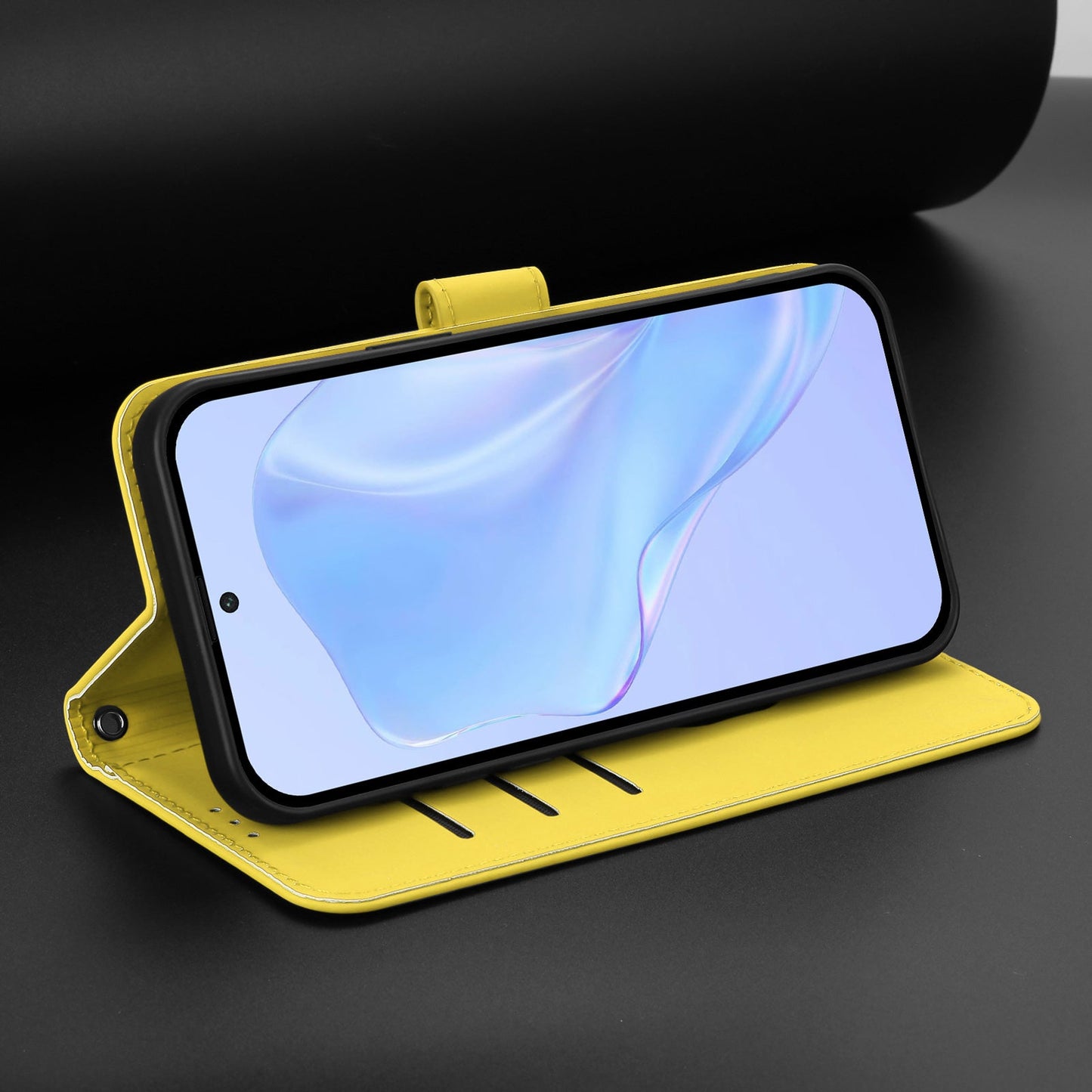 For Samsung Galaxy A55 5G Case Solid Color Wallet Leather Phone Cover with Strap - Lemon