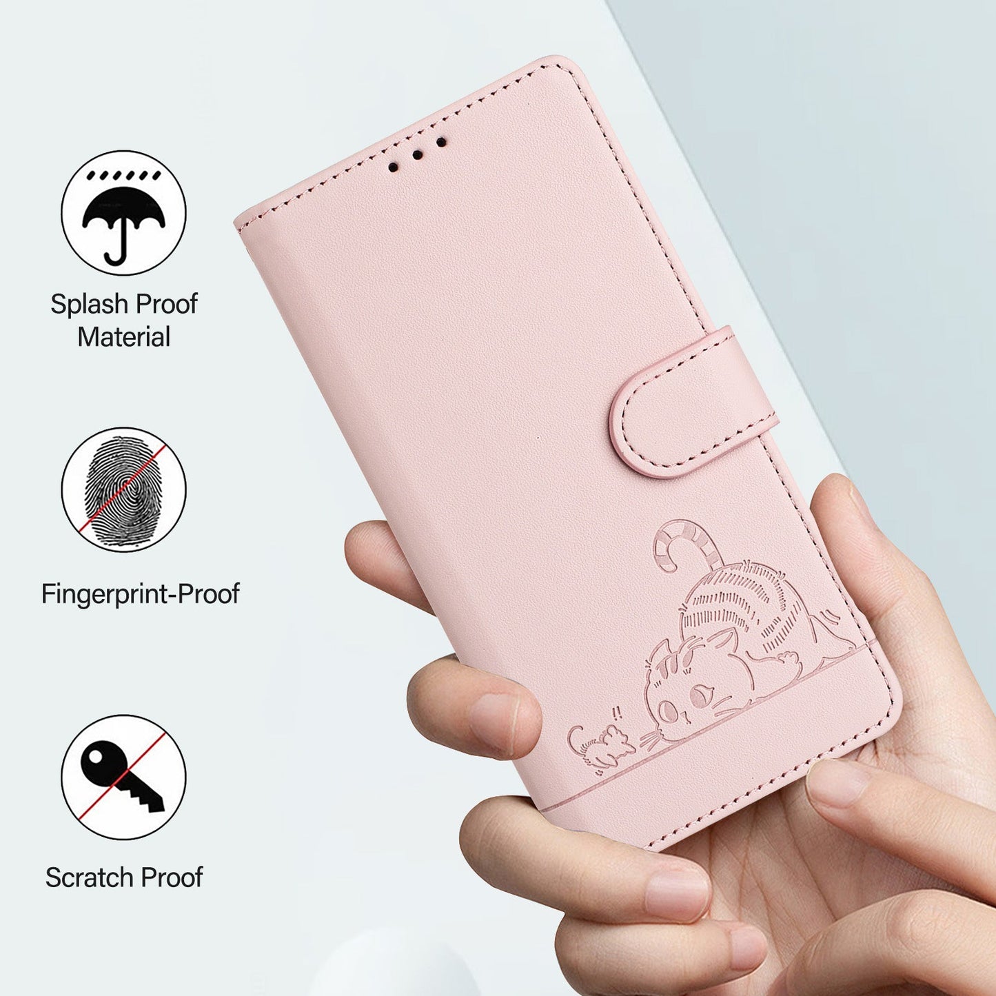 For iPhone 16 Pro Case with Strap RFID Blocking Leather Wallet Phone Cover Cat Mouse Pattern - Pink