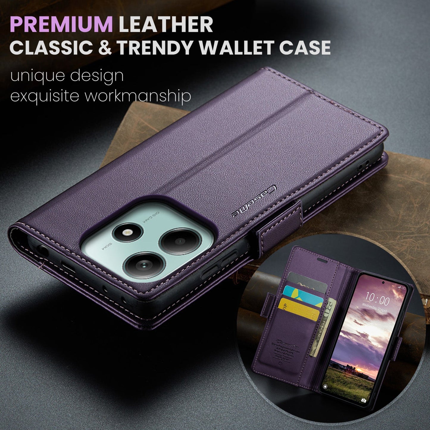 For Xiaomi Redmi Note 14 5G Case CASEME 023 Series RFID Blocking Leather Wallet Stand Phone Cover - Purple