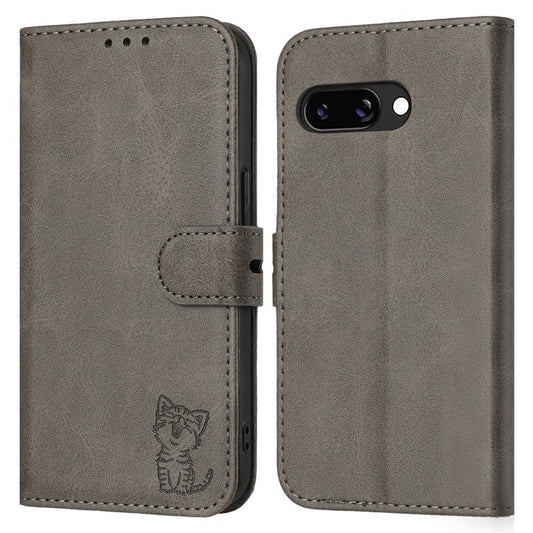 For Google Pixel 9a Case Happy Cat Pattern Imprinted Leather Wallet Phone Cover - Grey