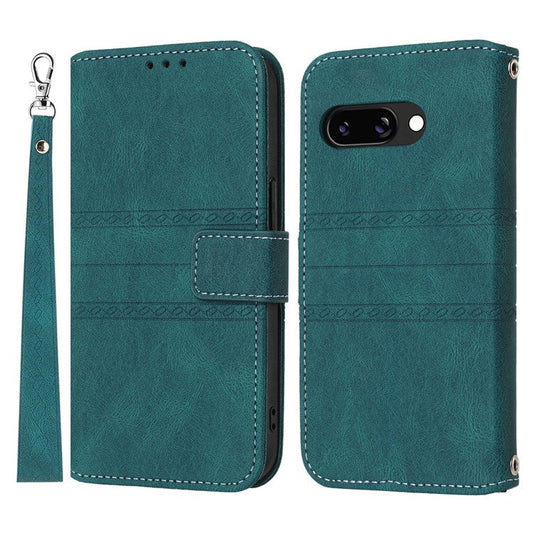 For Google Pixel 9a Case Wallet Skin-Touch Leather Imprinted Phone Cover - Blackish Green