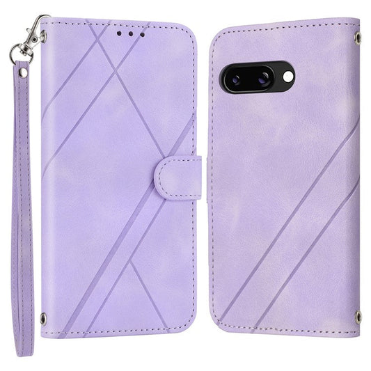 For Google Pixel 9a Case Imprinted Line Leather Phone Cover with Handy Strap - Purple
