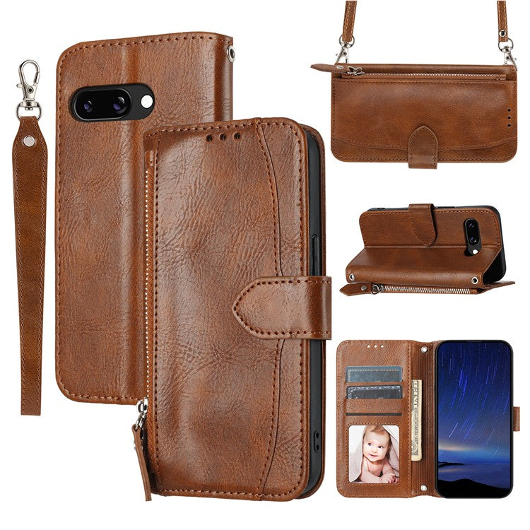 For Google Pixel 9a Case Zipper Pocket Leather Phone Cover with Crossbody Shoulder Strap - Brown