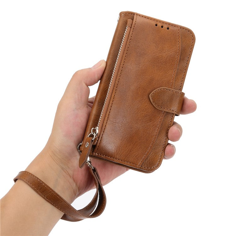 For Google Pixel 9a Case Zipper Pocket Leather Phone Cover with Crossbody Shoulder Strap - Brown