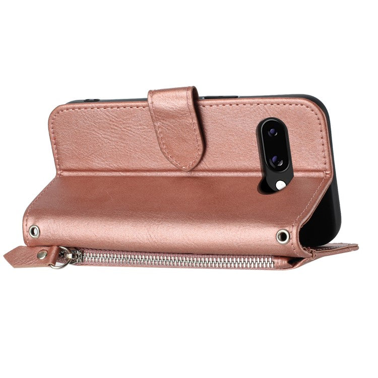 For Google Pixel 9a Case Zipper Pocket Leather Phone Cover with Crossbody Shoulder Strap - Rose Gold