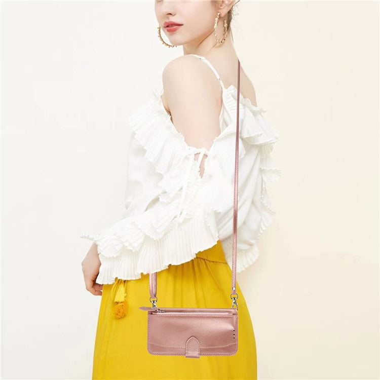 For Google Pixel 9a Case Zipper Pocket Leather Phone Cover with Crossbody Shoulder Strap - Rose Gold