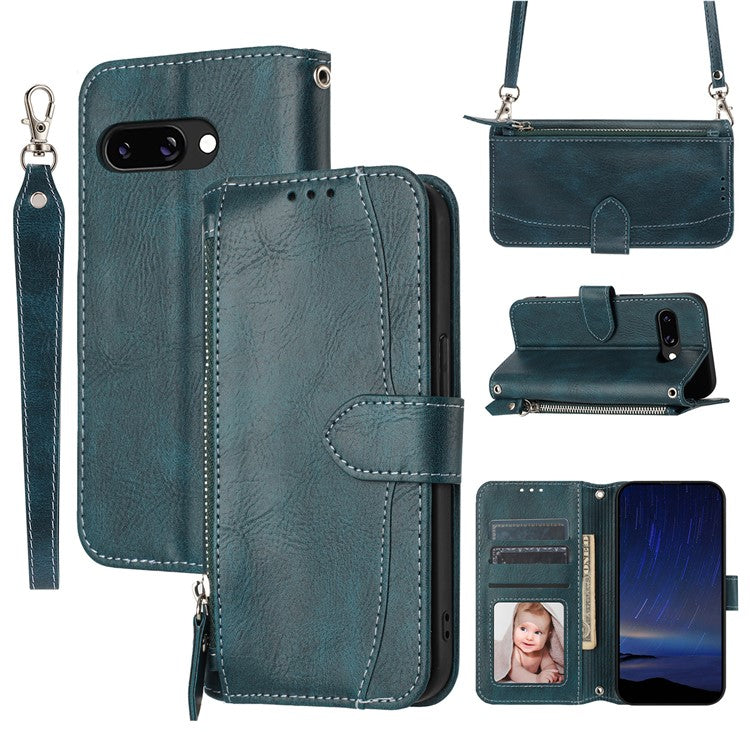 For Google Pixel 9a Case Zipper Pocket Leather Phone Cover with Crossbody Shoulder Strap - Blackish Green