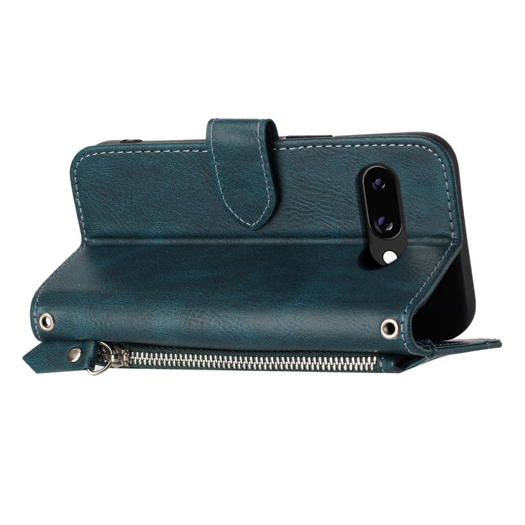 For Google Pixel 9a Case Zipper Pocket Leather Phone Cover with Crossbody Shoulder Strap - Blackish Green