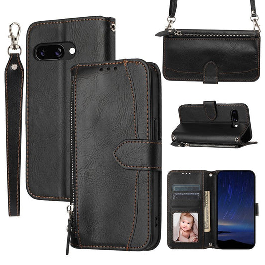 For Google Pixel 9a Case Zipper Pocket Leather Phone Cover with Crossbody Shoulder Strap - Black