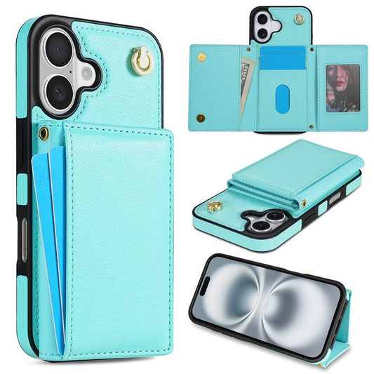 BKS-003 For iPhone 16 Plus Case Tri-Fold Card Holder Kickstand TPU+Leather Back Cover with Shoulder Strap - Green