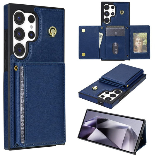 BKS-003 For Samsung Galaxy S24 Ultra Case Tri-Fold Card Holder Kickstand TPU+Leather Back Cover with Shoulder Strap - Blue