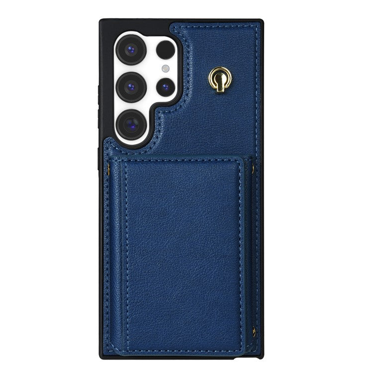 BKS-003 For Samsung Galaxy S24 Ultra Case Tri-Fold Card Holder Kickstand TPU+Leather Back Cover with Shoulder Strap - Blue