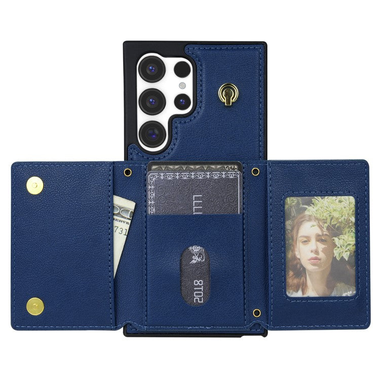 BKS-003 For Samsung Galaxy S24 Ultra Case Tri-Fold Card Holder Kickstand TPU+Leather Back Cover with Shoulder Strap - Blue