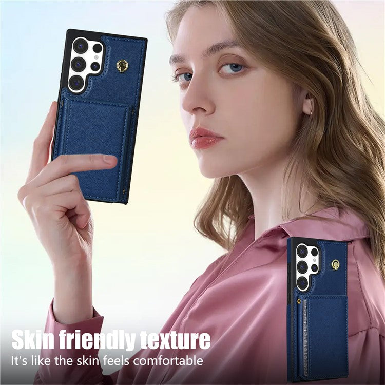 BKS-003 For Samsung Galaxy S24 Ultra Case Tri-Fold Card Holder Kickstand TPU+Leather Back Cover with Shoulder Strap - Blue