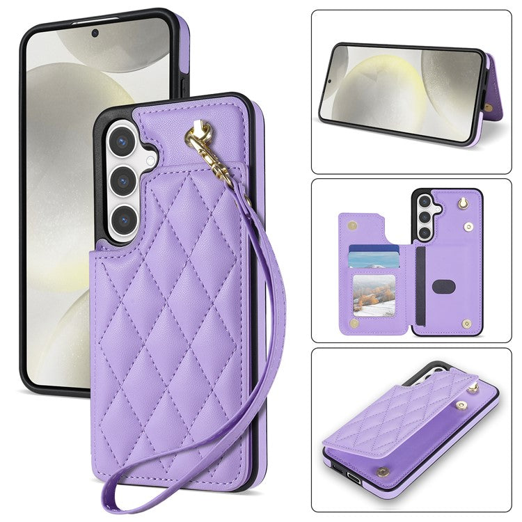 For Samsung Galaxy S24 FE Case with Wrist Strap Card Slots Rhombus Leather+TPU Phone Cover - Purple
