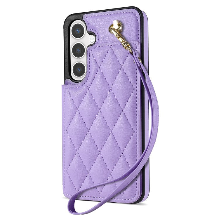 For Samsung Galaxy S24 FE Case with Wrist Strap Card Slots Rhombus Leather+TPU Phone Cover - Purple