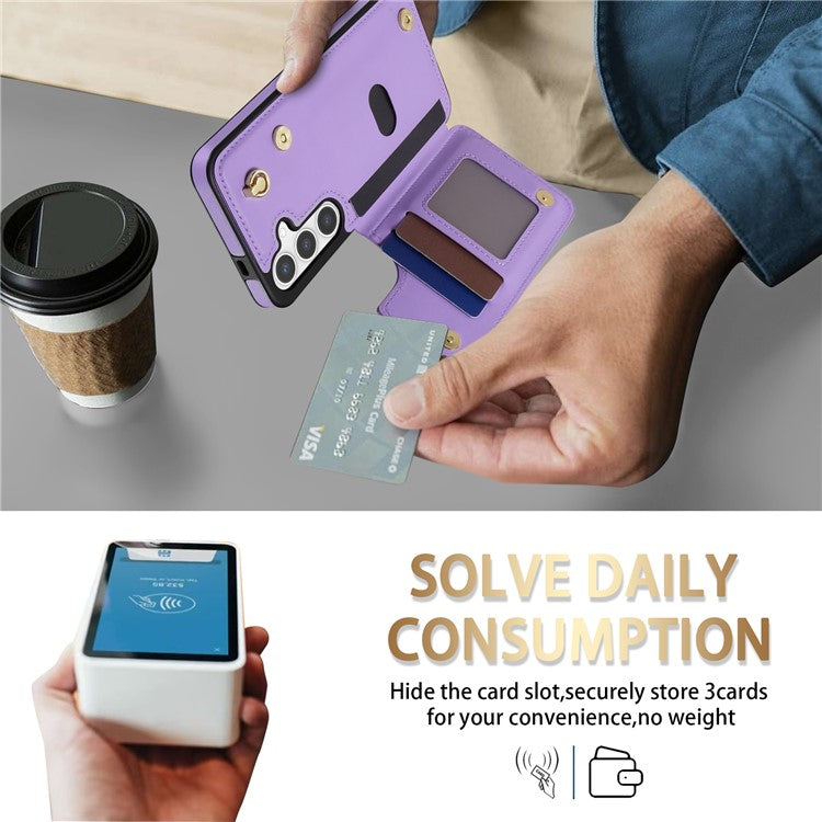For Samsung Galaxy S24 FE Case with Wrist Strap Card Slots Rhombus Leather+TPU Phone Cover - Purple