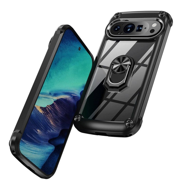 For Google Pixel 9 Pro  /  Pixel 9 Case Alloy Lens Frame PC + TPU Kickstand Phone Back Cover - Black
