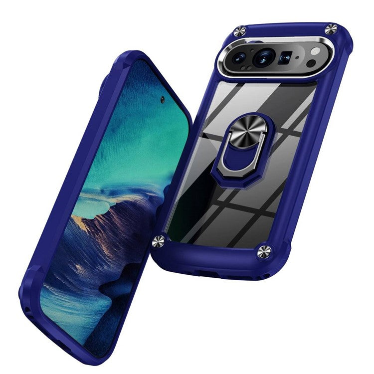 For Google Pixel 9 Pro  /  Pixel 9 Case Alloy Lens Frame PC + TPU Kickstand Phone Back Cover - Blue