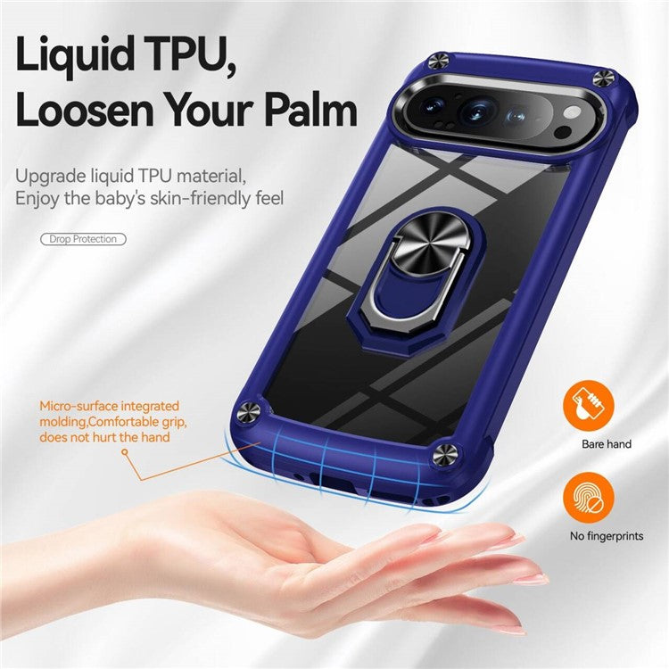 For Google Pixel 9 Pro  /  Pixel 9 Case Alloy Lens Frame PC + TPU Kickstand Phone Back Cover - Blue