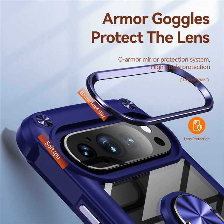 For Google Pixel 9 Pro  /  Pixel 9 Case Alloy Lens Frame PC + TPU Kickstand Phone Back Cover - Blue