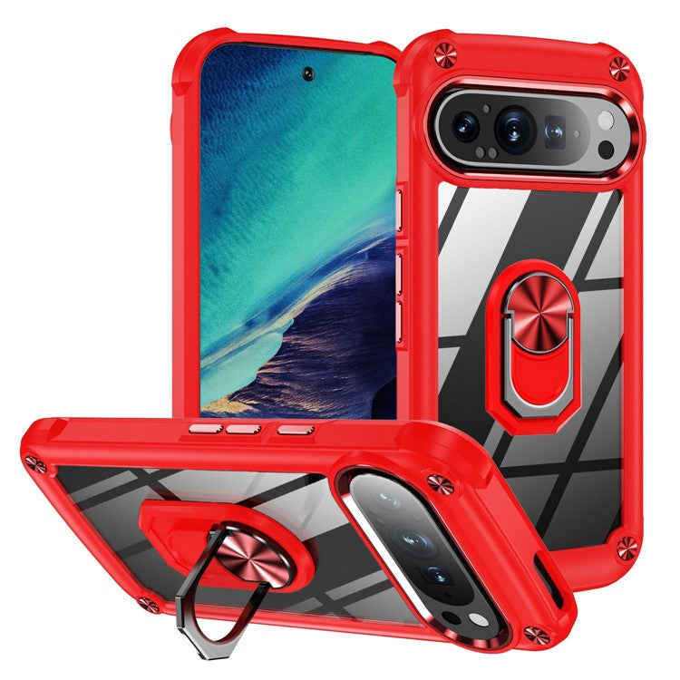 For Google Pixel 9 Pro  /  Pixel 9 Case Alloy Lens Frame PC + TPU Kickstand Phone Back Cover - Red