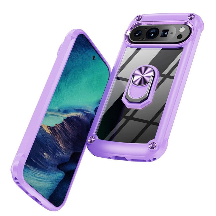 For Google Pixel 9 Pro  /  Pixel 9 Case Alloy Lens Frame PC + TPU Kickstand Phone Back Cover - Purple