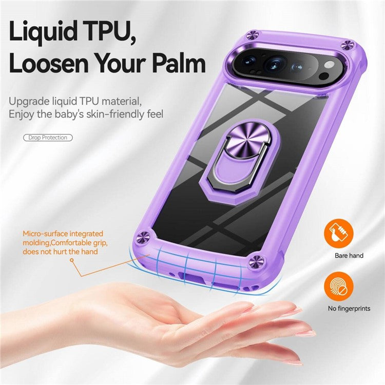 For Google Pixel 9 Pro  /  Pixel 9 Case Alloy Lens Frame PC + TPU Kickstand Phone Back Cover - Purple