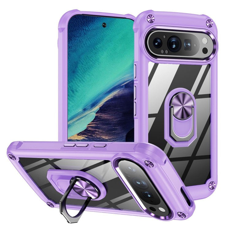 For Google Pixel 9 Pro XL Case Alloy Lens Frame PC + TPU Kickstand Phone Back Cover - Purple