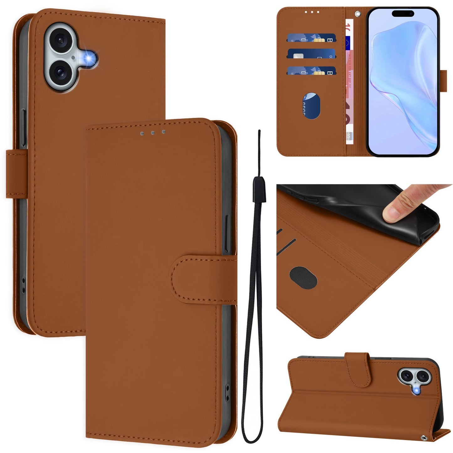 For iPhone 16 Plus Case Solid Color Wallet Leather Phone Cover with Strap - Brown