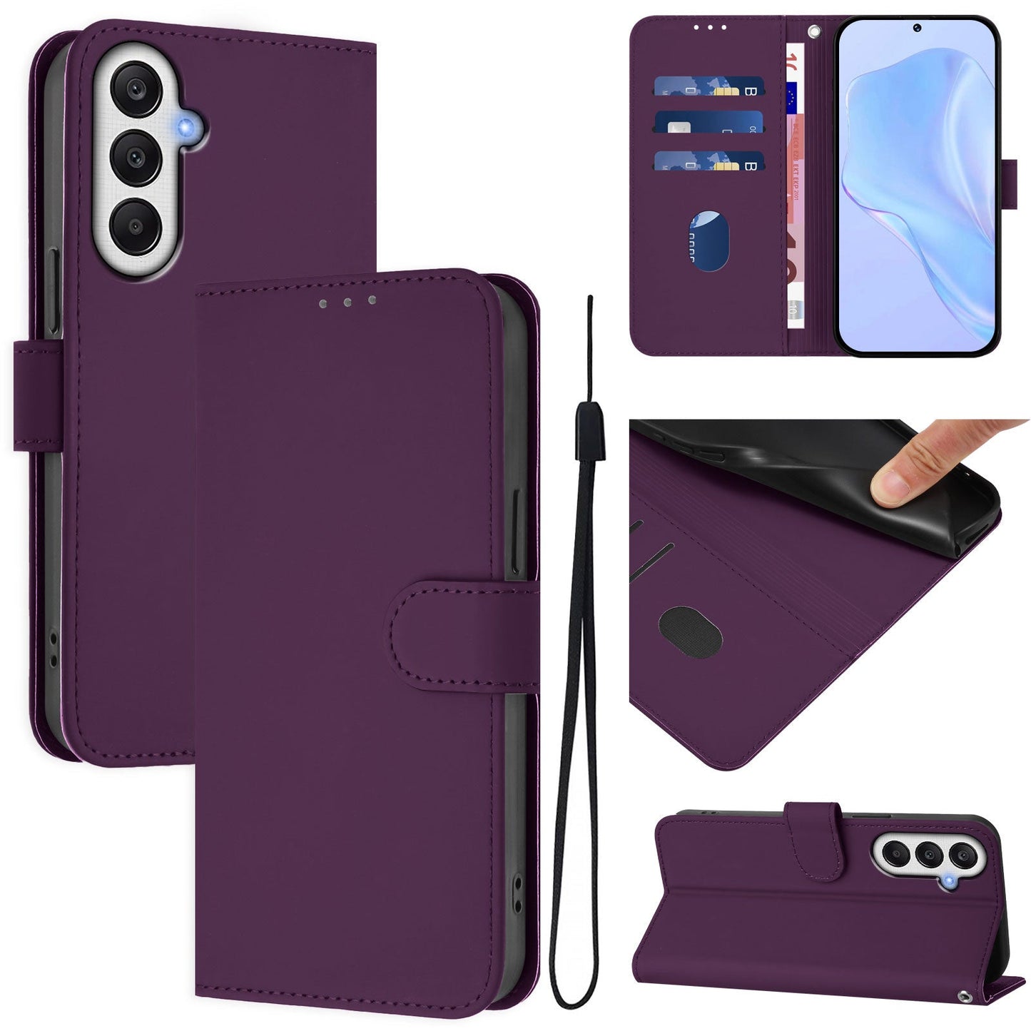 For Samsung Galaxy A05s 4G Case Solid Color Wallet Leather Phone Cover with Strap - Violet