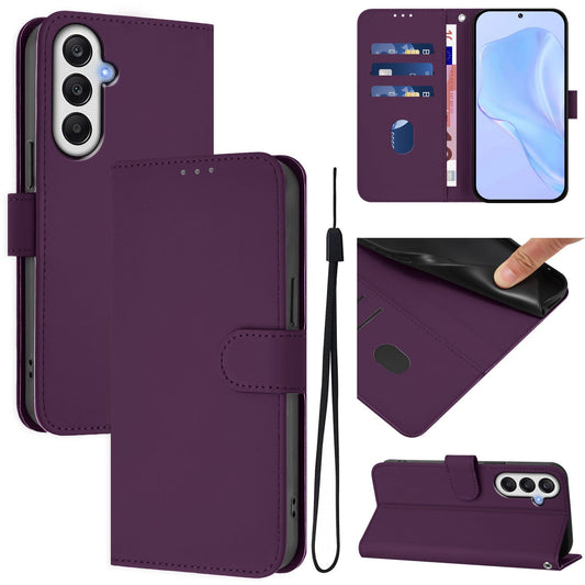 For Samsung Galaxy A05s 4G Case Solid Color Wallet Leather Phone Cover with Strap - Violet